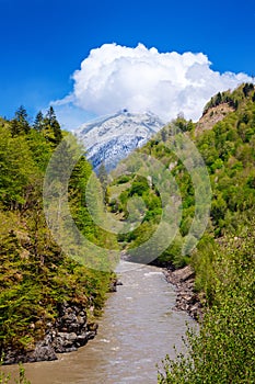 Kutaisi. Rioni River. View on Svaneti mountains photo