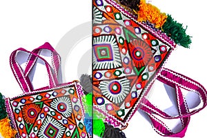 Kutch art work,Kutchhi handicrafts embroidery,Gujarat mirror work close up view,Made of needle cord,Handmade embroidery art.