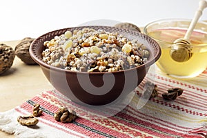 Kutia or kutya is a ceremonial grain dish with sweet gravy traditionally served by Eastern Orthodox Christians