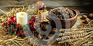 Kutia. Traditional ukrainian Christmas ceremonial grain dish with honey, raisins and poppy seeds. Christmas sweet dishes in