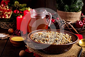 Kutya. Christmas porridge made of wheat grains, poppy seed, nuts, raisins and honey.