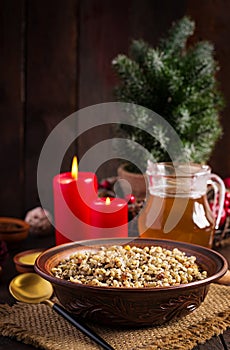 Kutya. Christmas porridge made of wheat grains, poppy seed, nuts, raisins and honey.