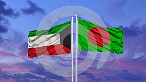 Kuwait and Bangladesh two flags on flagpoles and blue sky.