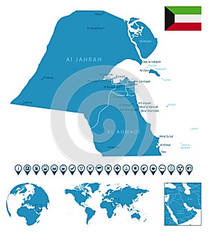 Kuwait - detailed blue country map with cities, regions, location on world map and globe. Infographic icons