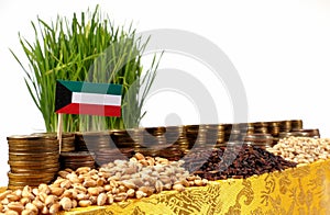 Kuwait flag waving with stack of money coins and piles of wheat