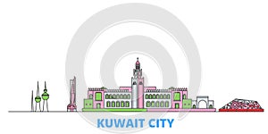 Kuwait, Kuwait City line cityscape, flat vector. Travel city landmark, oultine illustration, line world icons