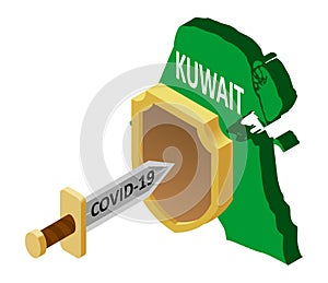 Kuwait protection against coronavirus COVID-19. Coronavirus in the form of a sword attacks the country of Kuwait, protected by a