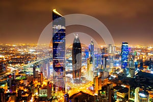 Kuwait Tower City Skyline glowing at night, taken in Kuwait in December 2018 taken in hdr