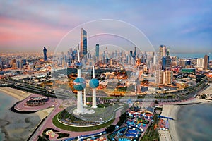 Kuwait Tower City Skyline glowing at night, taken in Kuwait in December 2018 taken in hdr