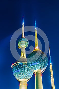 The Kuwait Towers - the best known landmark of Kuwait City - during night....IMAGE