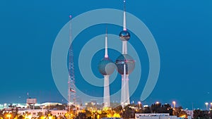 The Kuwait Towers day to night timelapse - the best known landmark of Kuwait City. Kuwait, Middle East