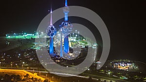 The Kuwait Towers night timelapse - the best known landmark of Kuwait City. Kuwait, Middle East