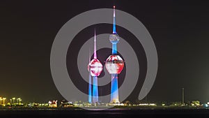 The Kuwait Towers night timelapse - the best known landmark of Kuwait City. Kuwait, Middle East