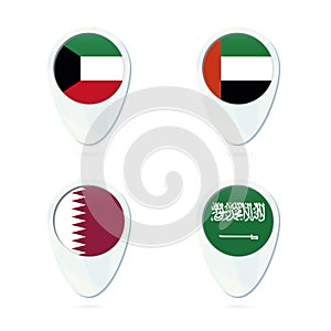 Kuwait, United Arab Emirates, Qatar, Saudi Arabia flag location map pin icon