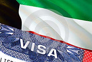 Kuwait Visa Document, with Kuwait flag in background. Kuwait flag with Close up text VISA on USA visa stamp in passport,3D