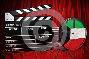 Kuwaiti cinematography, film industry, cinema in Kuwait. Clapperboard with and film reels on the red fabric, 3D rendering