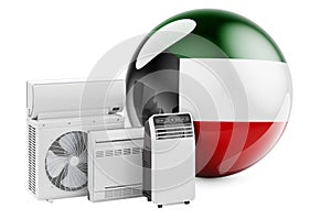Kuwaiti flag with cooling and climate electric devices. Manufacturing, trading and service of air conditioners in Kuwait, 3D