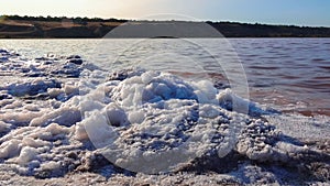 Kuyalnik estuary, Black Sea. Self-precipitating salt at the bottom and bank of the estuary. Table salt crystals