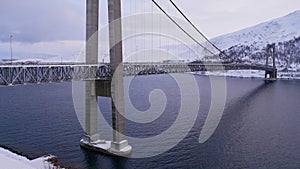 Kvalsund Bridge (Kvalsundbrua, length 741m) near Hammerfest, Norway, a suspension bridge crossing Kvalsundet strait.