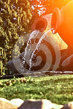 Kvareli, Georgia. Fountains in the form of wine pitcher. Sun flare