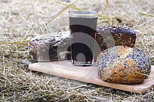 Kvass and bread on a wooden board