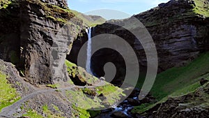 Kvernufoss waterfall Iceland drone.