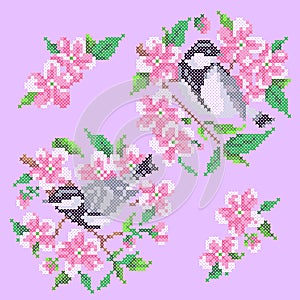 Vector illustration cross stitch birds and flowers photo