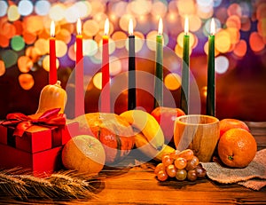 Kwanzaa holiday concept with decorate seven candles red, black a