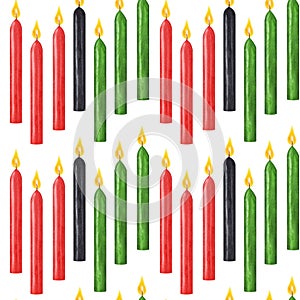 Kwanzaa seamless pattern seven burning candles, red black green for Kinara. African-American holiday. Black history
