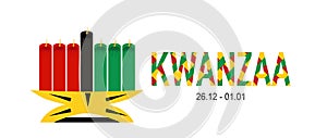 Kwanzaa symbols and ideas.Seven candles kinara and lighting ceremony Mishuma Saba.Celebration poster.