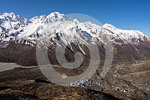 Kyanjin gompa village surrounded by Lantang mountain massif, Himalayas mountain range in Nepal