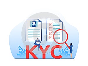 KYC or know your customer with business verifying the identity of its clients concept at the partners-to-be through a magnifying