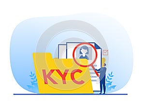 KYC or know your customer with business verifying the identity of its clients concept at the partners-to-be through a magnifying