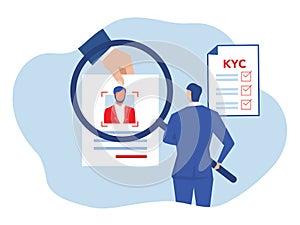 KYC or know your customer with business verifying the identity of its clients concept at the partners-to-be through a magnifying