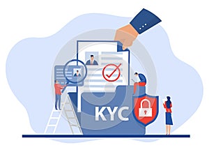 KYC or know your customer with business verifying the identity of its clients concept at the partners-to-be through a magnifying