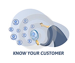 KYC, Know Your Customer. Businessman looking at the partners-to-be through a magnifying glass. Colored flat vector