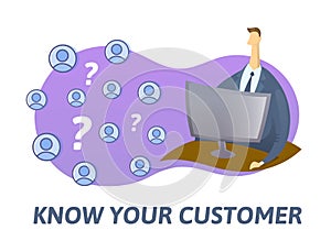 KYC, know your customer concept. Businessman checking information on internet. Colored flat vector illustration on white photo
