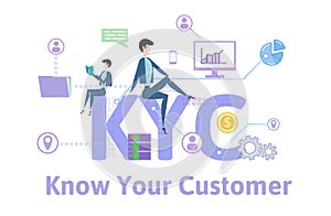 KYC, Know Your Customer. Concept table with keywords, letters and icons. Colored flat vector illustration on white photo