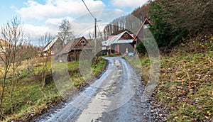 Kycera hamlet with few older wooden houses in Javorniky mountains in Slovakia