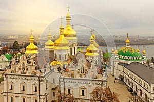 Kyev Pechersk Lavra cupolas panoramic landscape, Ukraine, Dnieper river