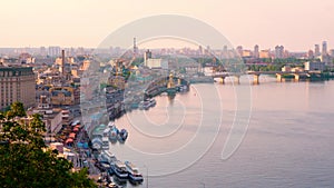 Kyiv Capital of Ukraine. Panorama of Evening Kiev, Overlooking the Historic Part of Kiev - Podil. Morning Old City View