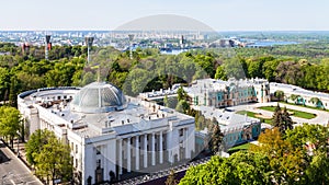 Kyiv city skyline with Rada Building in spring