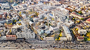 Kyiv cityscape aerial drone view, downtown and Podol district skyline from above, city of Kiev, Ukraine