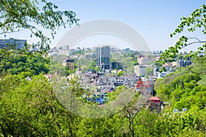 Kyiv Kiev skyline. View of the Vozdvizhenka and Gonchary Kozhemjaki tract on Podil from the top of the Starokievsky