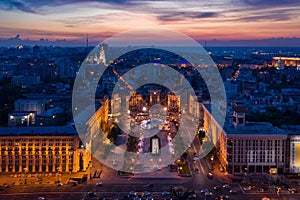 Kyiv Kiev Ukraine Maidan Nezalezhnosti Independence Square. aerial drone video footage. evening illumination fountains and ar