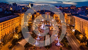 Kyiv Kiev Ukraine Maidan Nezalezhnosti Independence Square. aerial drone video footage. evening illumination fountains and ar photo