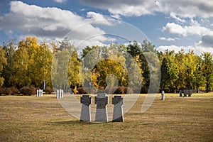 Kyiv. Kyiv region. Ukraine. 13.10.2023. Stone tombstones in the German cemetery in the fall. Beautiful German cemetery near Kyiv.