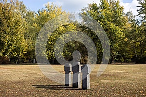 Kyiv. Kyiv region. Ukraine. 13.10.2023. Stone tombstones in the German cemetery in the fall. Beautiful German cemetery near Kyiv.