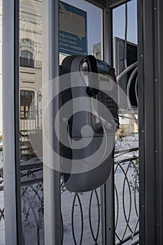 Kyiv, Ukraine. 11 30 2023: there is a payphone on the street