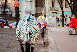 KYIV, UKRAINE - APRIL 7, 2018: Easter exhibition Festival on Sofievska Square, colorful Easter eggs hand painted by artist in trad